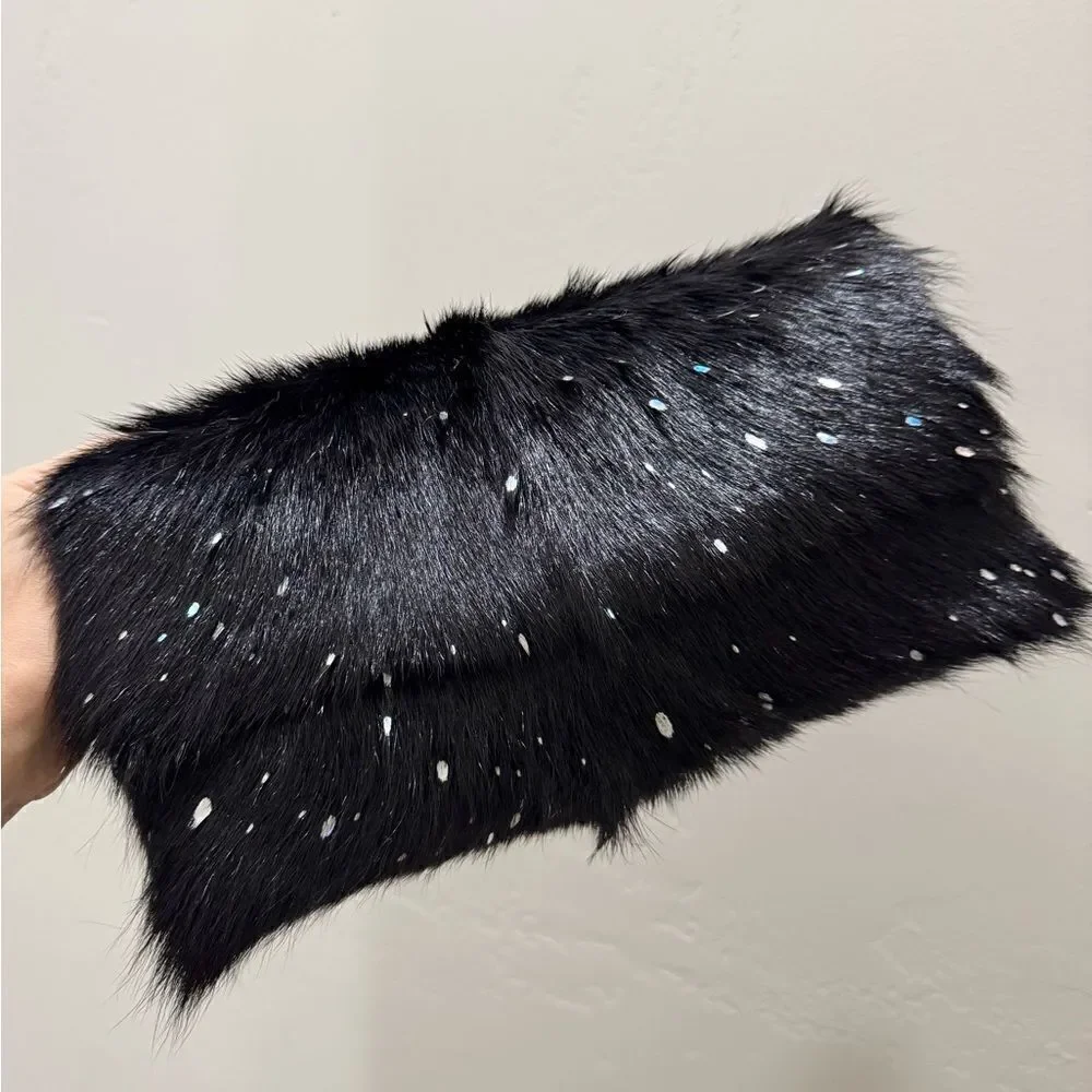 Black Real Goat Hair-on Hide Handmade Baguette Bag, 2 Straps Style